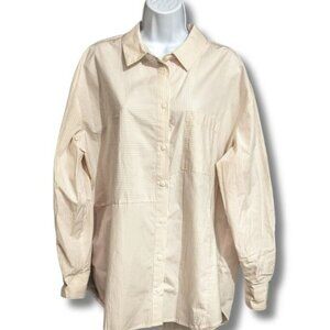 WOMEN LONG SLEEVE BEIGE AND WHITE SHIRT WITH SINGLE BUTTON CUFF FOR ROLLUP STYLE